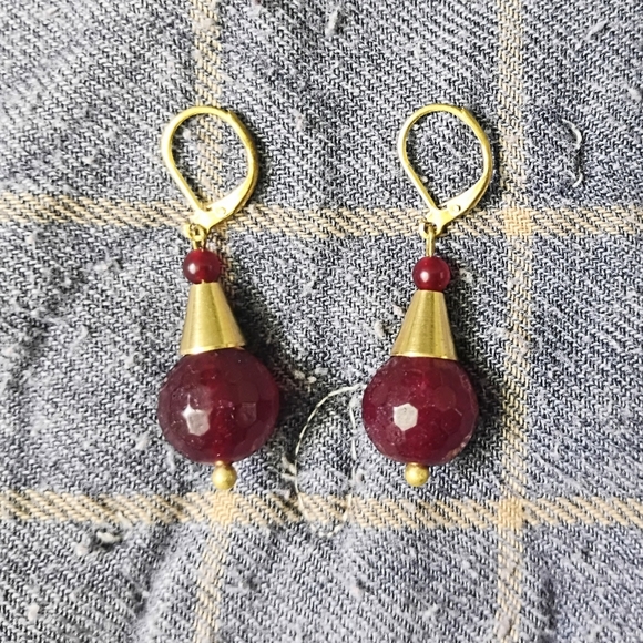Faceted Ruby And Brass Drop Earrings - Picture 2 of 3